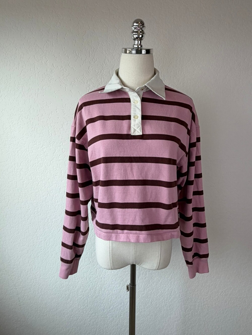 Champion Womens Pink Cropped Striped Collared Long Sleeve Shirt size Small